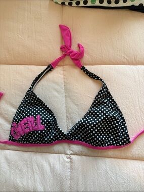 O'Neill Black Polka Dot Triangle Bikini Top with Hot Pink Accents